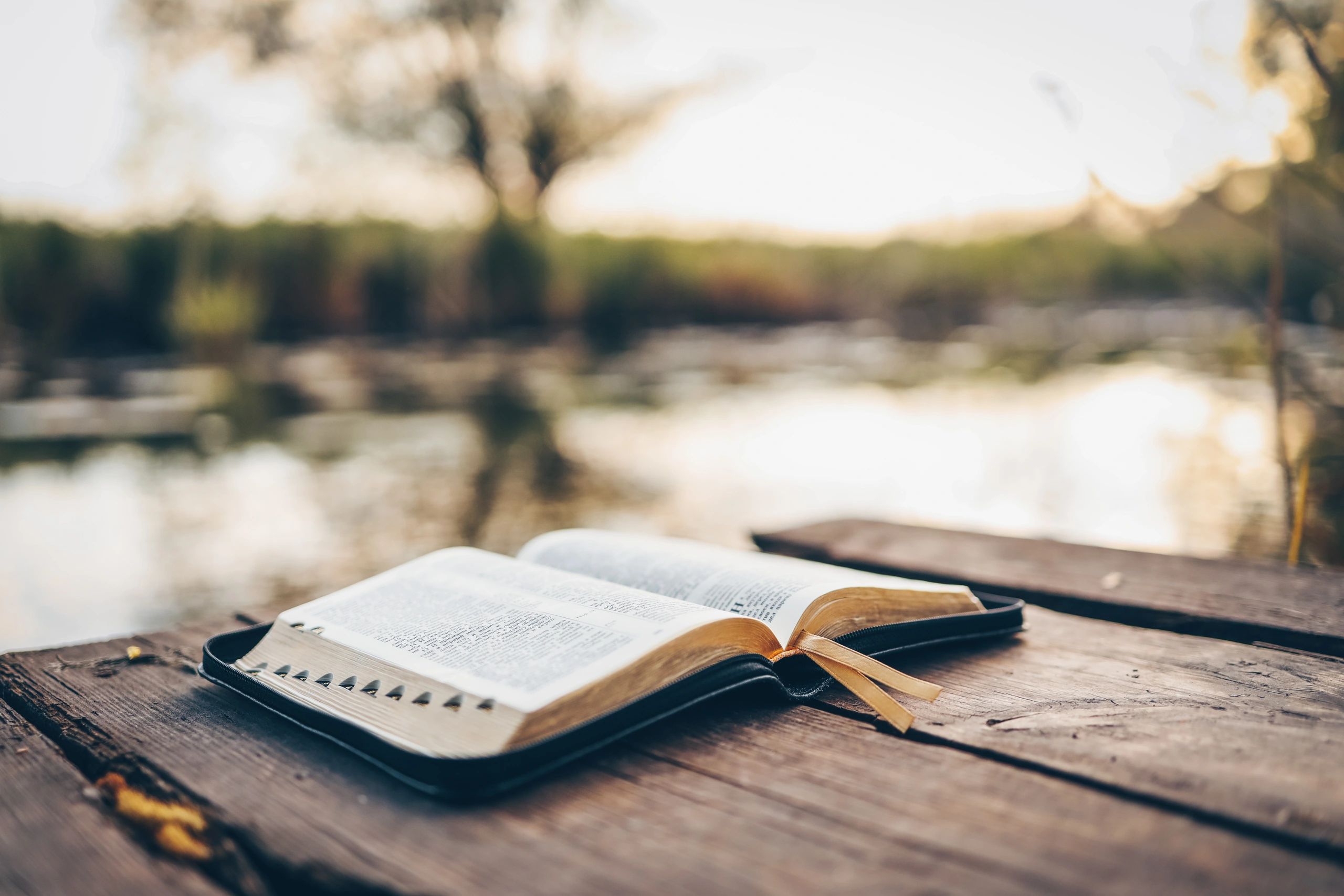 Open Bible on a wooden surface in warm light